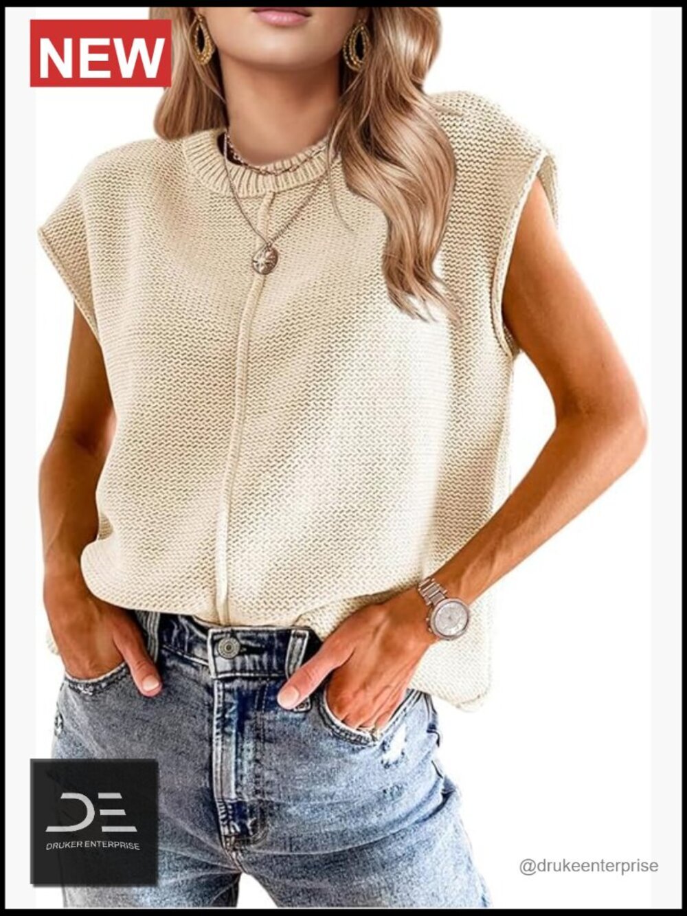 Trendy Crochet Sweater Vest Cap Sleeve Crew Neck Boho Western Top